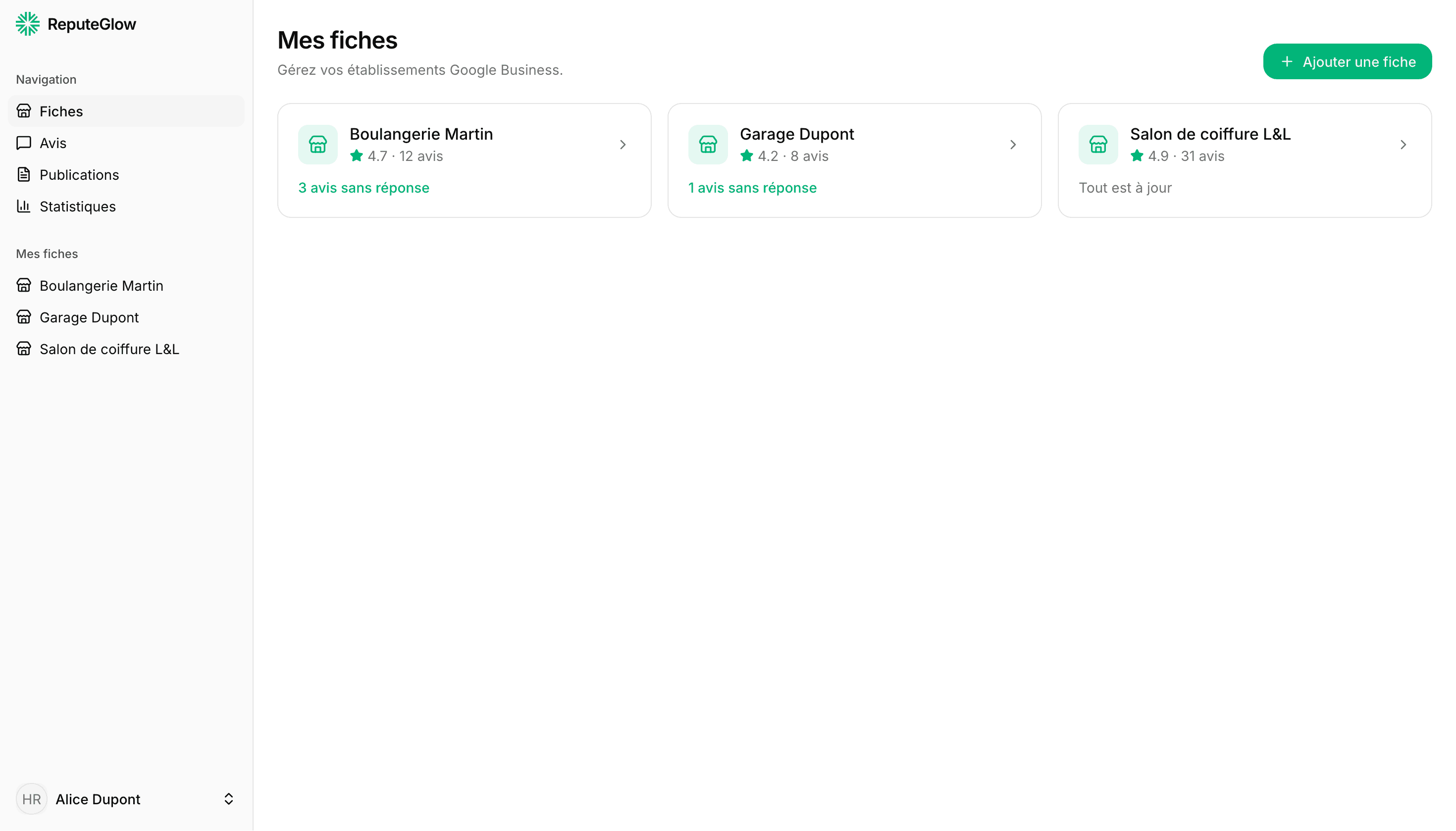 Liste des fiches Google dans ReputeGlow